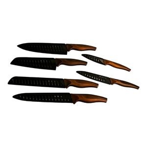Damascus Style 6pc Knife Set, Matte Black Titanium Pleated Stainless Steel